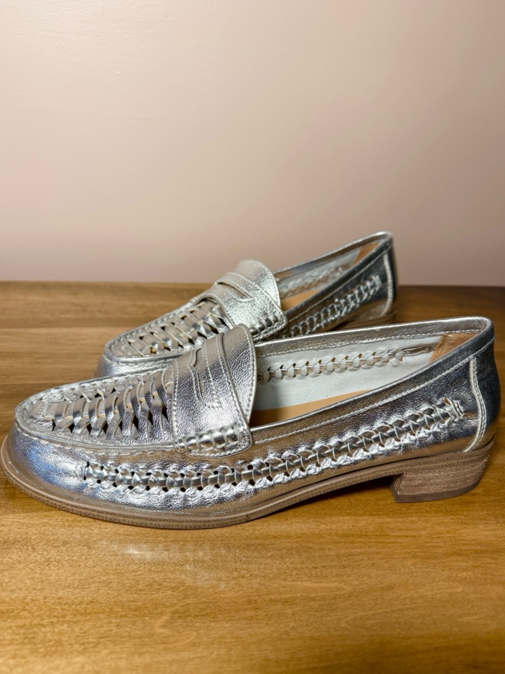 Vince Camuto Metallic Silver Genuine Leather Woven Penny Loafers
